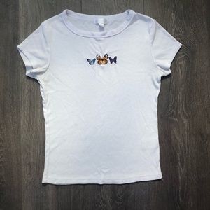 White ribbed t-shirt with butterflies